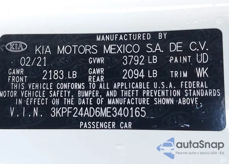 2021 Kia Forte Lxs из США, поврежденный, VIN 3KPF24AD6ME340165